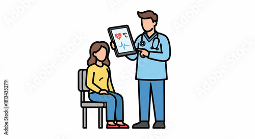 Doctor showing medical chart on tablet to patient sitting in chair