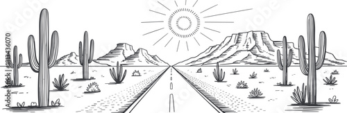 Black and white desert highway illustration with cactus plants, mountain landscape, and bright sun, minimalist line art travel scene drawing