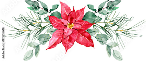 Watercolor poinsettia bouquet with pine branches, berries and ribbon. Classic Christmas floral illustration for holiday cards, invitations, decor, packaging and winter design projects.