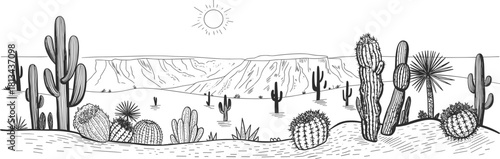Black and white desert landscape illustration with cactus plants, sun, mountains, and sand dunes, hand drawn line art nature scenery