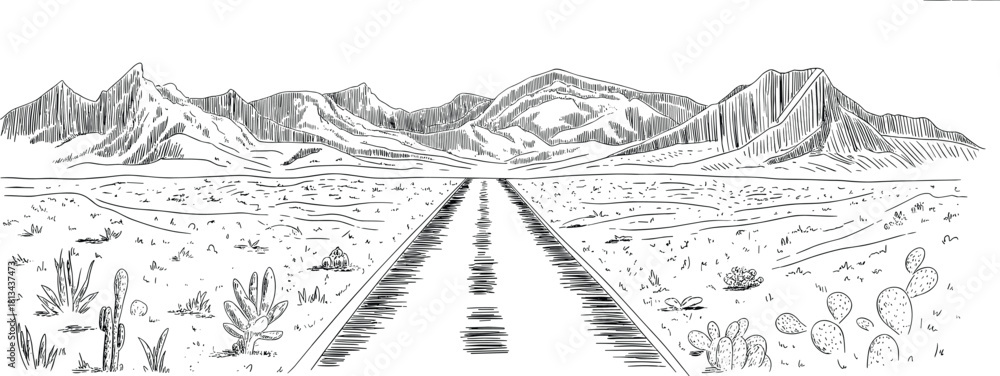 Obraz premium Black and white desert road illustration with mountains cactus and plants minimal line art landscape travel adventure nature drawing