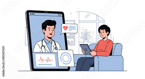 Telemedicine Consultation Doctor on Screen Interacts with Patient at Home