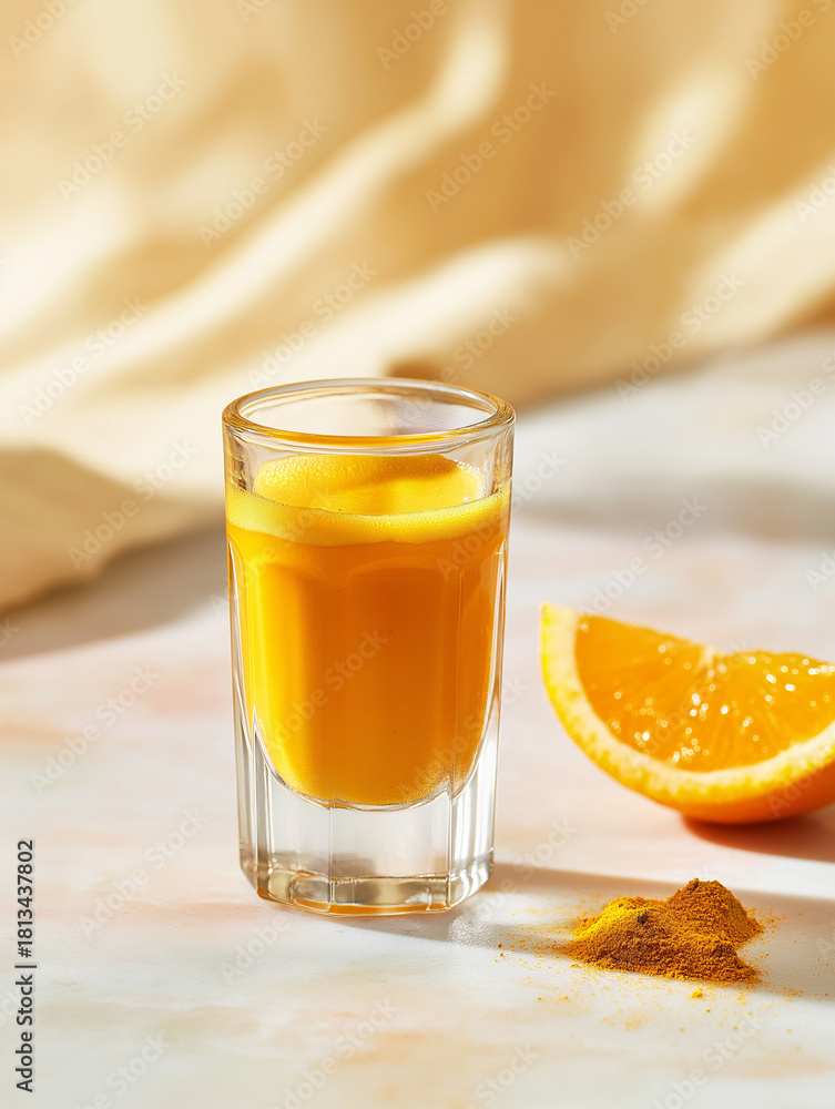 Fototapeta premium A clear shot glass with golden liquid, fresh orange slice, and a sprinkle of spices Generative AI