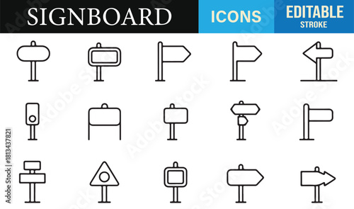Set of directional sign icons featuring street signs, arrows, and geometric signboards