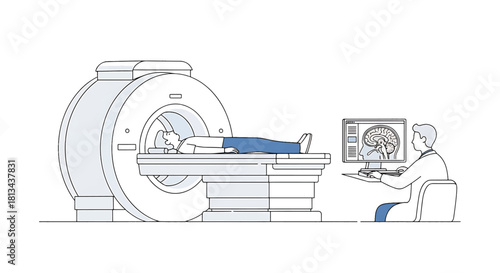 Medical imaging technology for brain scan with patient undergoing MRI procedure and doctor monitoring results on computer screen