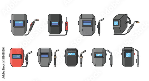 A collection of various welding masks and torches, depicted as flat design icons on a white background.