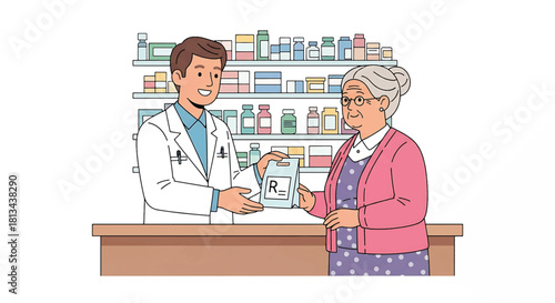 Pharmacist Giving Medication to Elderly Woman at Pharmacy Counter