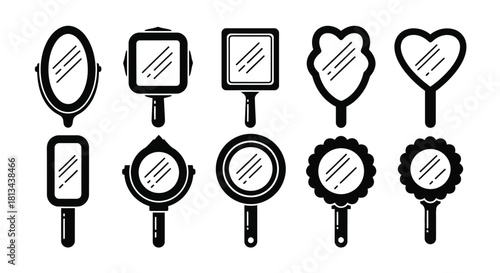 A collection of ten black and white silhouette icons depicting various hand mirrors with different shapes and handles.