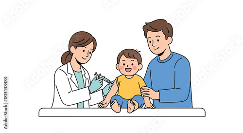 Pediatrician administers vaccine to a young child, with a parent present for support during the immunization process