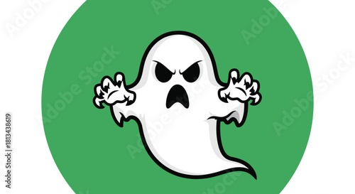 A scary cartoon ghost character with an angry expression and outstretched hands on a green circular background.
