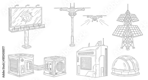 Line art illustration depicting futuristic city elements, including a billboard, drone, tower, and building modules.