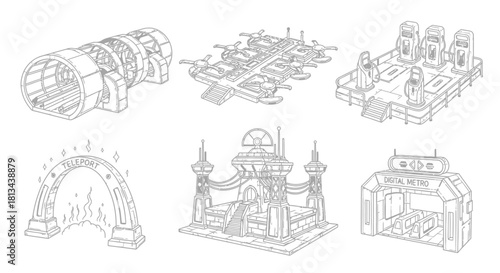 Six architectural sketches depict futuristic structures and gateways in a line drawing style.