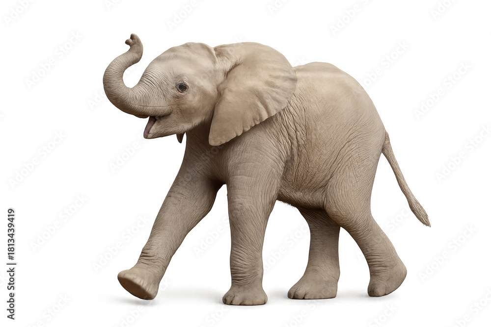 Fototapeta premium Baby elephant walking on transparent background, raising trunk, young animal, isolated, cutout