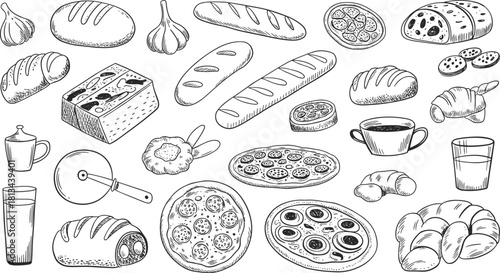 Black and white hand drawn bakery food illustration set featuring bread, pizza, croissants, coffee, garlic, and baking utensils
