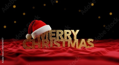 Golden merry christmas text with santa hat on red velvet against black background