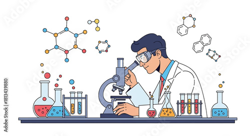 Scientist in a Laboratory Conducting Research with Microscopes and Chemical Solutions