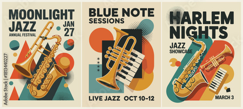 Set of three vintage jazz music posters with golden saxophones, trumpet, piano keys, geometric retro backgrounds, bold typography, and Art Deco style, perfect for music events