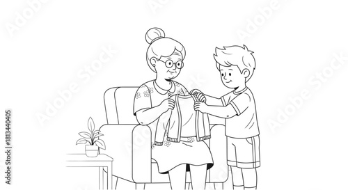 Grandmother Helping Child vector line illustration