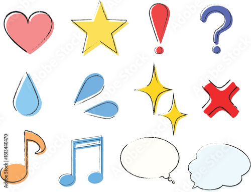Heart, star, exclamation point, question mark, drop, splash, music note, music note, speech bubble
