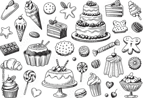 Black and white hand drawn dessert illustration set with cakes cupcakes ice cream cookies candy chocolate pastry sweet food elements