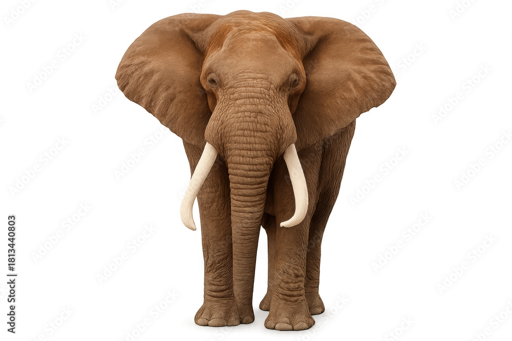 Obraz premium African elephant standing front view, powerful wildlife mammal with tusks, isolated on transparent background