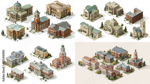 Elegant architectural illustrations of institutional buildings including libraries, town halls, churches, and academic structures. Classic civic design with detailed historic elements.