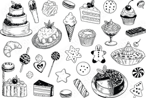 Black and white hand drawn dessert illustration set with cakes cupcakes ice cream cookies candy chocolate pastry sweet food elements