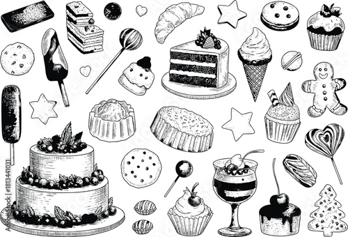 Black and white hand drawn dessert illustration set with cakes cupcakes ice cream cookies candy chocolate pastry sweet food elements