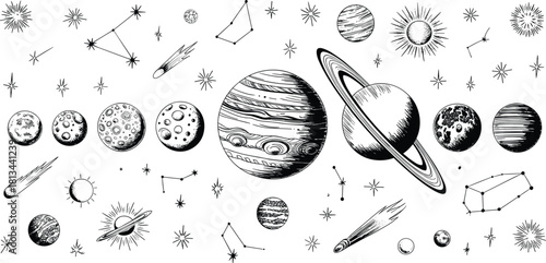 Black and white hand drawn solar system illustration with planets stars comets constellations cosmic space astronomy vintage science drawing