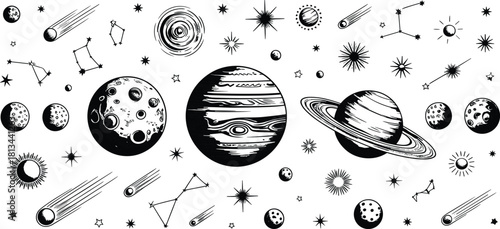 Black and white hand drawn solar system illustration with planets stars comets constellations cosmic space astronomy vintage science drawing