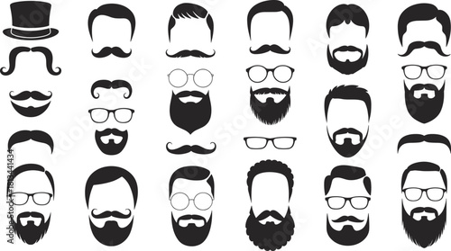 Black and white hipster hairstyle beard and mustache icon set, modern male fashion silhouettes collection for barbershop and design illustration