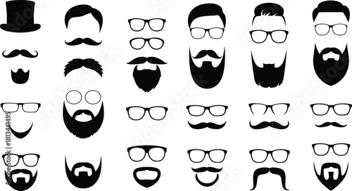 Black and white hipster hairstyle beard and mustache icon set, modern male fashion silhouettes collection for barbershop and design illustration