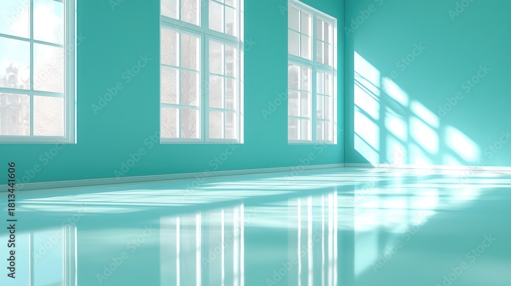 Obraz premium Turquoise room, sunlit floor, three windows