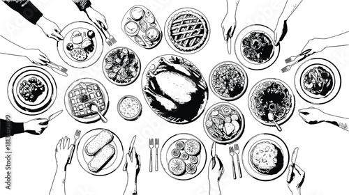 Black and white illustration of family dinner table with roasted turkey, pies, and dishes, hand drawn festive meal sketch design