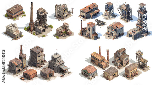 Detailed industrial building illustrations featuring old factories, rusted towers, chimneys, and weathered structures. Abandoned industry style architecture with gritty atmospheric textures.
