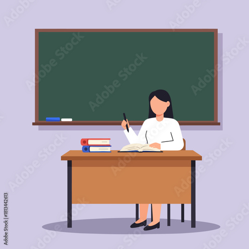 Natal Teacher in Classroom Sitting at Desk with Open Book and Pointer, Ready to Instruct