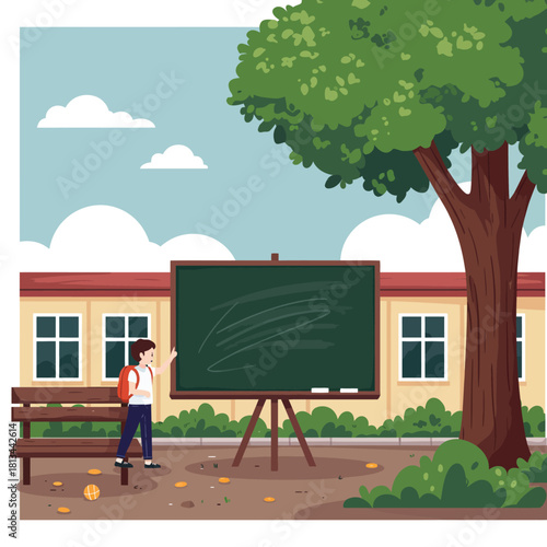 School-life-concept-illustrative-scene A natal journey where a young student, with a backpack, stands near a chalkboard, under a tree at school