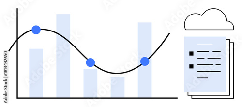 Bar chart with line graph and data points, alongside cloud-hosted documents. Ideal for analytics, cloud storage, data visualization, forecasting, business strategy, report management, simple flat