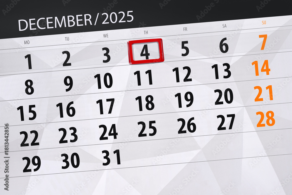Obraz premium Calendar 2025, deadline, day, month, page, organizer, date, December, thursday, number 4