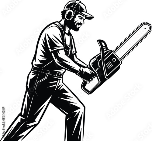 Black and white illustration of lumberjack with chainsaw, vintage woodcut style, concept of forestry work, strength, and craftsmanship