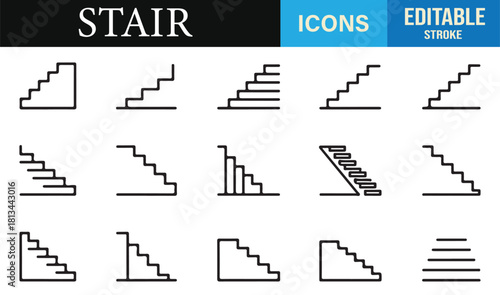 Minimal line art stair icons featuring step shapes, angled stairs, and architectural elements