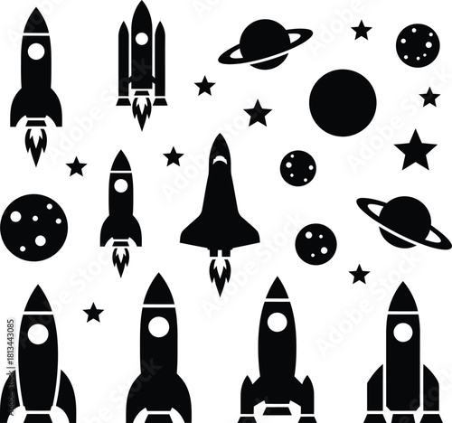 Set of cute space rocket icons and seamless cartoon pattern vector collection featuring a holiday celebration design with a ghost, pumpkin, and monster silhouette art element