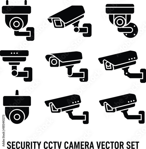 Security camera icons represent a system of wall-mounted CCTV and video surveillance equipment used for protection and monitoring of a building