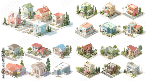 Charming suburban house illustrations featuring modern homes, greenery, gardens, and peaceful neighborhood scenes. Soft pastel architecture with cozy residential atmosphere.