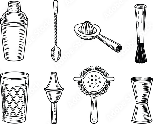 Black and white line art illustration set of cocktail bar tools including shaker, jigger, strainer, and mixing glass