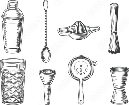 Black and white line art illustration set of cocktail bar tools including shaker, jigger, strainer, and mixing glass