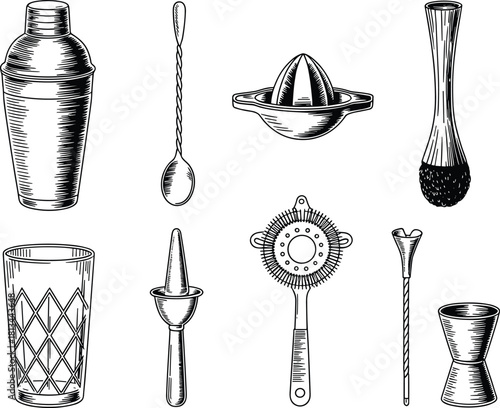 Black and white line art illustration set of cocktail bar tools including shaker, jigger, strainer, and mixing glass