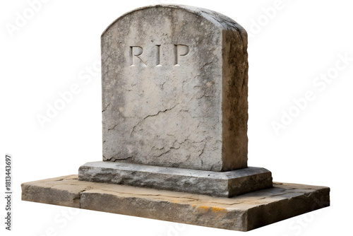 Realistic Weathered Granite Tombstone with RIP Inscription Isolated on Black Background