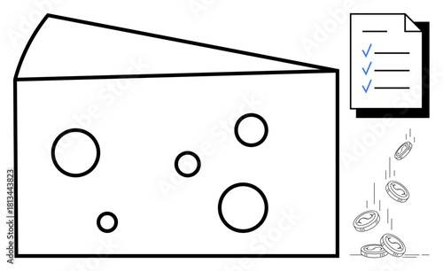 Large cheese block symbolizes inefficiency, alongside a document and falling coins representing financial loss and overlooked details. Ideal for budgeting, accountability, waste, finance, audits