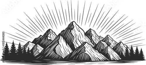 Black and white mountain landscape illustration with sun rays forest silhouette outdoor adventure nature line art vintage wilderness drawing